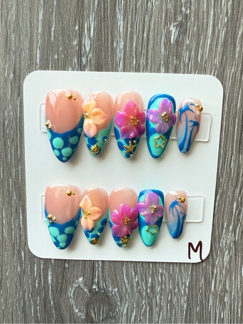 Floral Blue & Pink Press-On Nail Set with 3D Accents